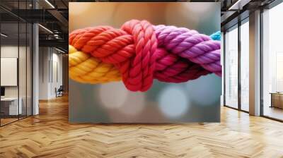 Team rope diverse strength connect partnership together teamwork unity communicate support. Strong diverse network rope team concept integrate braid color background cooperation empower power. Wall mural