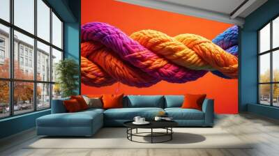 Team rope diverse strength connect partnership together teamwork unity communicate support. Strong diverse network rope team concept integrate braid color background cooperation empower power. Wall mural