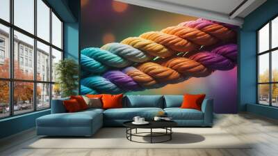 Team rope diverse strength connect partnership together teamwork unity communicate support. Strong diverse network rope team concept integrate braid color background cooperation empower power. Wall mural