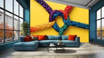 Team rope diverse strength connect partnership together teamwork unity communicate support. Strong diverse network rope team concept integrate braid color background cooperation empower power Wall mural