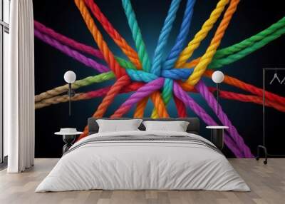 Team rope diverse strength connect partnership together teamwork unity communicate support. Strong diverse network rope team concept integrate braid colour background cooperation empower power. Wall mural