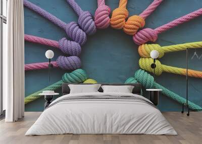 Team rope diverse strength connect partnership together teamwork unity communicate support. Strong diverse network rope team concept integrate braid colour background cooperation empower power. Wall mural