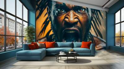 African American male screaming with a menacing look, opening his mouth face close-up, expressive look with blue eyes. Generative AI Wall mural