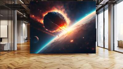 Asteroid impact, end of world, judgment day. Group of burning exploding asteroids from deep space approaches to planet Earth. Generative AI technology. Wall mural