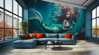 Beautiful mermaid girl with red long curly hair swims underwater in the ocean in a coral reef. Generative AI Wall mural