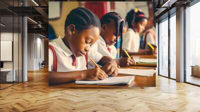 Black African American students write in notebooks at a lesson in elementary school. Generative AI. Wall mural