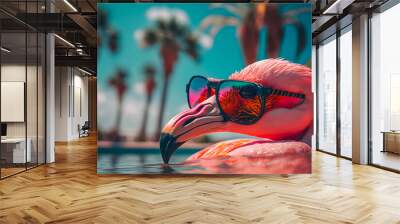 Bright flamingo bird in sunglasses rests on the beach by the pool under palm trees with a glass. Beautiful exotic tropical summer elegant holiday vacation concept. Generative AI Wall mural