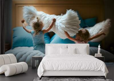 Cheerful little girls and boys playing with white feathers while lying in bed. A kid in pajama has a positive expression on her face during playing games in the morning. Generative AI Wall mural