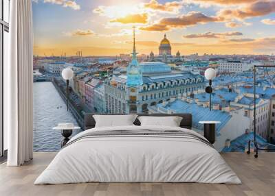 Department store shop class luxury, near the Red Bridge, historical buildings of Saint-Petersburg. In the background the city and St. Isaac's Cathedral dome of golden color, in the evening at sunset. Wall mural