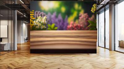 Empty wooden table or desk with flowers nature background with colored field fragrant different colors as frame Product display natural background concept. Generative AI Wall mural