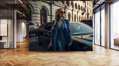 Girl in stylish expensive clothes in a blue business suit gets out of the car in the business district of the city and walks down the street.  Wall mural