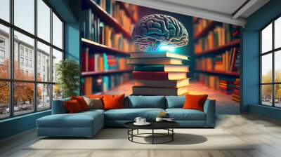 Glowing colored brain on a stack of books on a table in a library among the shelves. The concept of knowledge of the teachings of sciences. Generative AI technology. Wall mural