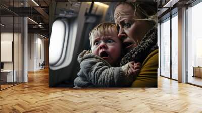 Grandmother holds in her arms a frightened crying child in an airplane seat looking out the window. Generative AI Wall mural