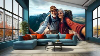 Happy smile elderly couple of hikers in the ascent to the summit take a selfie phone on the highlands landscape around. Generative AI Wall mural