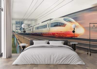 High-speed train rides supersonic with a hot burning nose front Wall mural