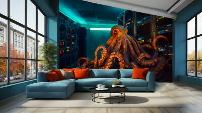 Huge octopus animal clam with tentacles in a server room with computers. Computer control virus capture concept, malicious. Generative AI. Wall mural