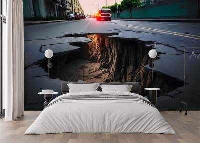 Huge sinkhole on busy asphalt road surface on which cars drive. Accident situation on a city street due to cracks in asphalt. Broken hole filled with muddy water. Generative AI Wall mural