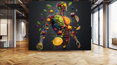 Human body made of vegetables, fruits and berries. Healthy eco organism concept. Generative AI Wall mural