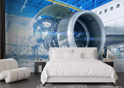 Industrial theme view. Repair and maintenance of aircraft engine on the wing of the aircraft. Wall mural