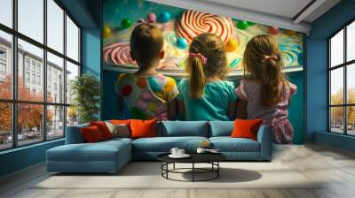 Little children sit in the bathroom flooded with candy and sweets, children's sweet dream concept. Generative AI Wall mural