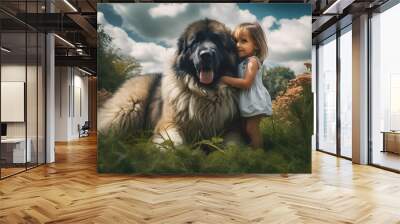 Little cute girl hugging a big fluffy dog, a pet in the yard near the house on the meadow summer time. Generative AI. Wall mural