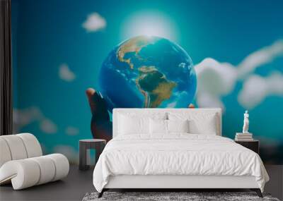 Man holds in his hand a minim globe of the planet against the sky. Generative AI Wall mural