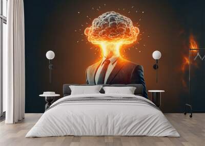 Man in a business suit with a blown head. The concept of mental overload, busyness, stress at work, brain drain.  Wall mural