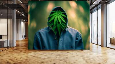 Man with marijuana bush leaf face in hood. Generative AI technology. Wall mural