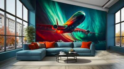 Northern Lights Aurora Borealis green red color with passenger plane flying above the clouds. Amazing magical natural phenomenon. Tourism, transportation, travel and cargo. Generative AI. Wall mural