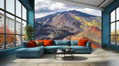 Panoramic wide view of the active volcano Etna, extinct craters on the slope, traces of volcanic activity. Wall mural