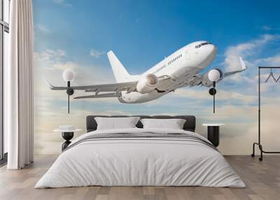 Passenger aircraft cloudscape with white airplane is flying in the daytime sky overcast. Wall mural