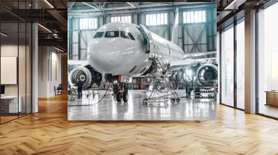 Passenger aircraft on maintenance of engine and fuselage repair in airport hangar. Wall mural