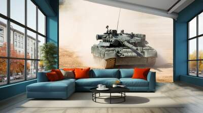 Powerful military tank rides at a high speed along the dusty field. Wall mural