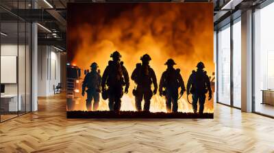 Silhouettes of a fire brigade against a background of a bright fire Concept of a team of heroic work of rescuers.  Wall mural