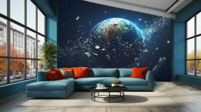 Space debris fragments of communications satellites and spacecraft in Earth orbit. Generative AI technology. Wall mural