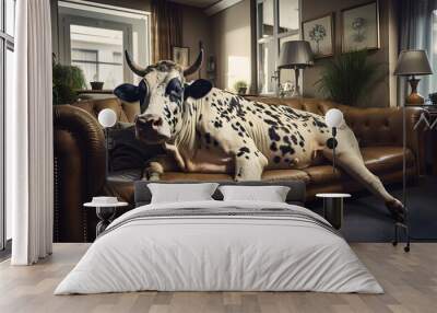 Strange picture of a farm spotted cow lies on a leather sofa in the house's living room. The concept of large pets in the apartment, inconvenience, discomfort. Geneartive AI. Wall mural