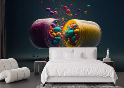 Tablet capsule inside with vitamins of various groups, fruit useful. Generative AI technology. Wall mural