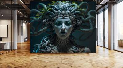 The classic depiction of the head of the Gorgon Medusa from ancient mythology, a gloomy awesome look horror fright. Generative AI technology. Wall mural