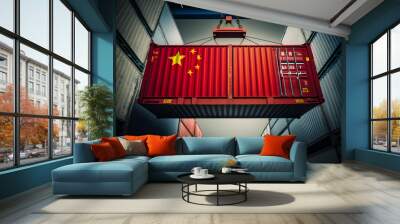 The concept of China export-import, container transporting and national delivery of goods. The transporting container with the national flag of China, view front.  Wall mural