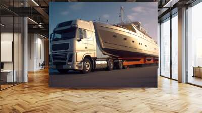 Truck towing large private business expensive luxury yacht ship boaton the interstate. Generative AI. Wall mural