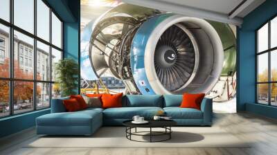 Turbine engine jet of aircraft with open hoods, view of the engine mechanism Wall mural