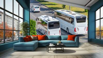 Two white buses, a large and a small one, travel opposite each other along the lanes, overtaking cars, aerial top view. Trip and journey by vehicle Wall mural