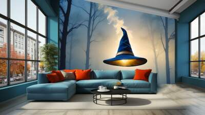 A mystical wizard hat floating mid-air in a dense blue fog, with faint silhouettes of trees in the background. The fog is illuminated by a soft, otherworldly light that enhances the halloween feel Wall mural