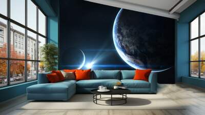 Earth and moon in blue sunlight. Abstract science fiction. Elements of the image are furnished by NASA Wall mural