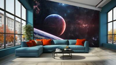 Planets in deep space. Nebulae in the light of red and blue stars. Science fiction. Elements of this image furnished by NASA Wall mural