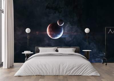 Planets on background of nebulae in red and blue light somewhere in deep space. Science fiction. Elements of this image furnished by NASA Wall mural