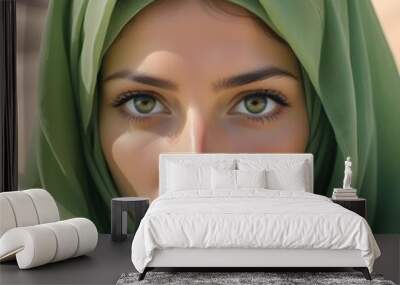 Arabic afghan arabian woman in a traditional green hijab headwear close up portrait Wall mural