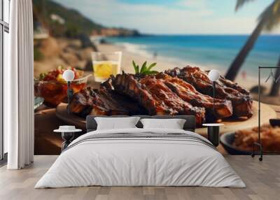 Barbecue ribs on a table near the beach Wall mural