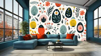 Easter floral pattern pattern, wallpaper, background, hand-drawn cartoon Illustrations in minimalist vector style Wall mural