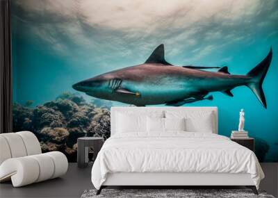 Grey reef shark swimming around colorful coral reef in clear blue water Wall mural